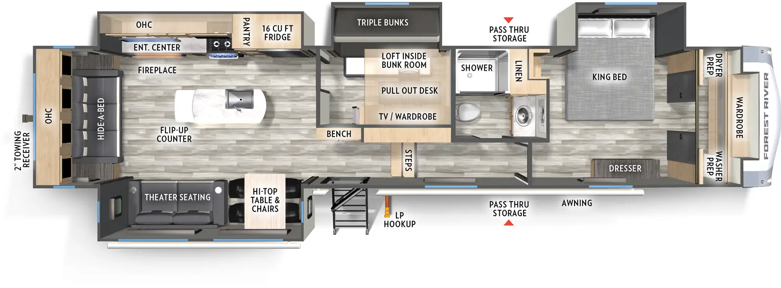 The 36MB has four slideouts and one entry. Exterior features a pass-through storage. Interior layout front to back: front wardrobe, off-door side king bed slideout, and closet with washer/dryer prep; off-door side full bathroom; steps down to entry and bench; mid room with triple bunk slideout, TV/wardrobe with pull-out desk, and a loft inside the bunk room; off-door side slideout with refrigerator, pantry, cooktop, overhead cabinet, and entertainment center with fireplace; kitchen island with sink; door side slideout with hi-top with chairs, and theater seating; rear hide-a-bed sofa with overhead cabinet.